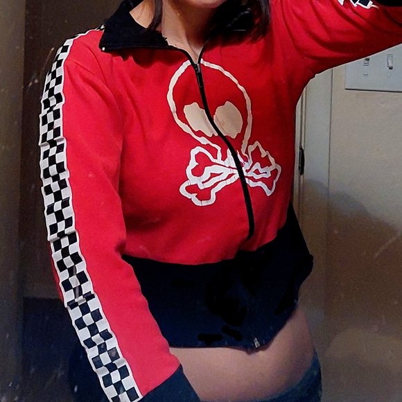 Red black & checkered skull & crossbones cropped moto sweatshirt - Picture 1 of 10